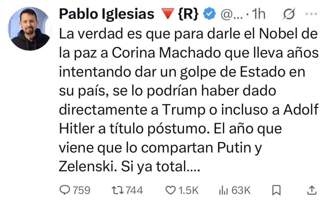 Pablo Iglesias compara Prémio da Paz – Maria Corina Machado a “Hitler”